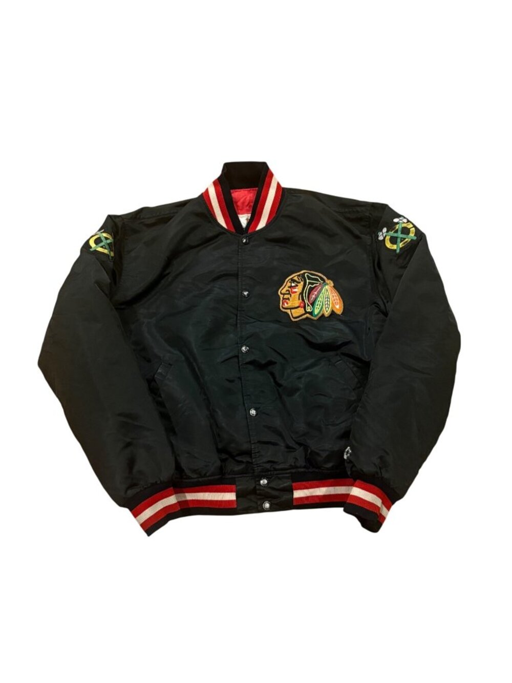 Vintage Starter Chicago Blackhawks NHL Hockey Black Satin Bomber Jacket Men's XL